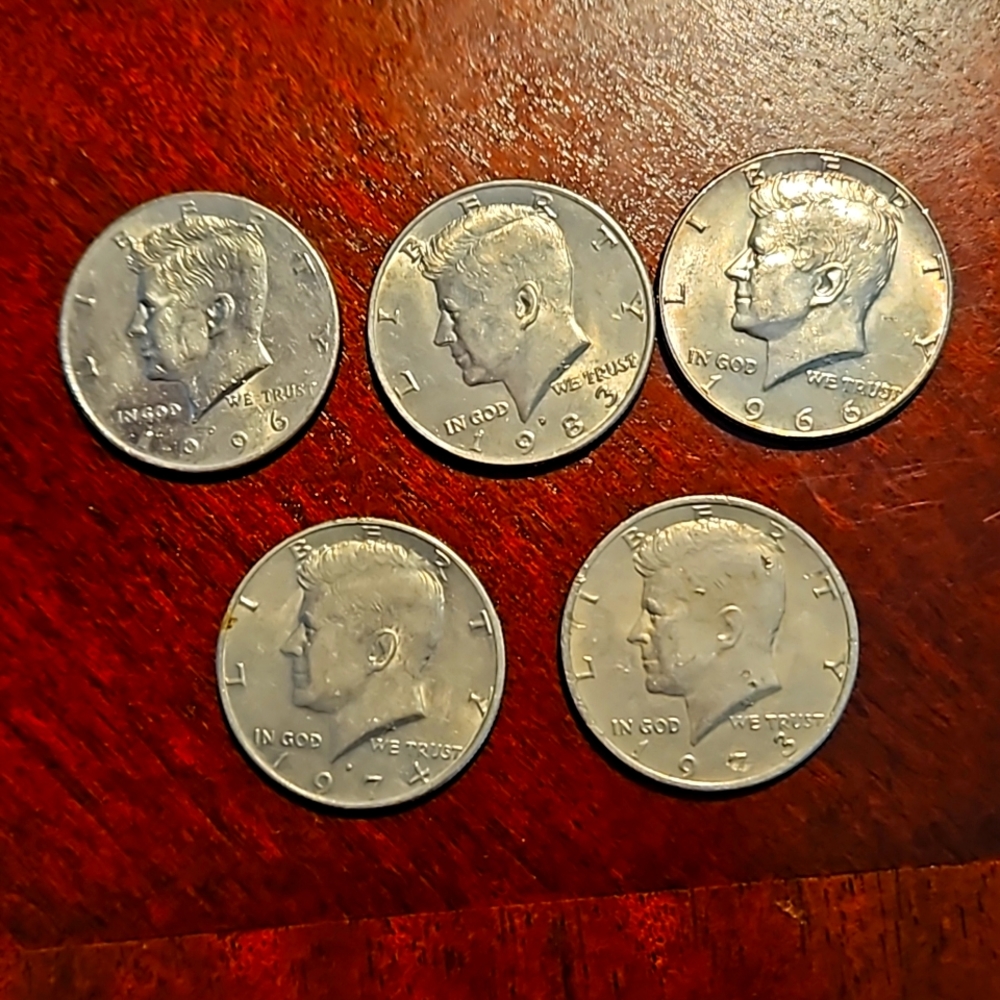 5 Kennedy Half Dollar Coins years 1966, 1973, 1974, 1983, 1996